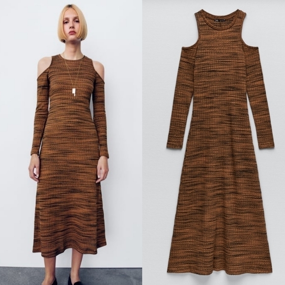 New Zara Ribbed Cut Out Cold Shoulder Long Sleeve Brown/Black Midi Dress Small - Picture 1 of 15